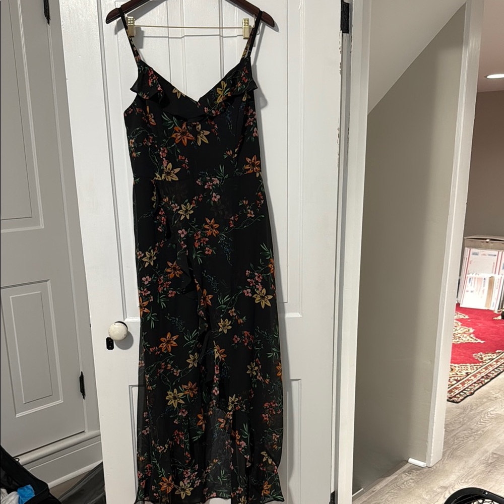 Kensie Multi Color Floral Print Black Maxi High Low Dress Women’s Size 14 EUC